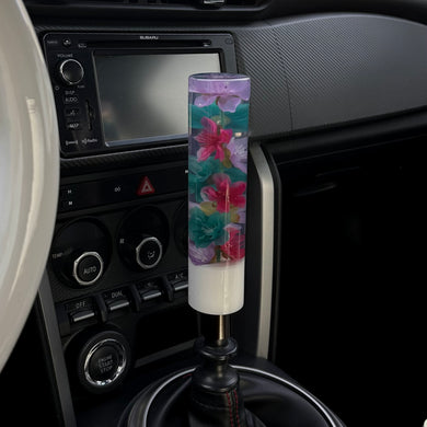 Shift Knob with Pink, Purple and Blue Flowers and a White Sparkly Base Custom Shift