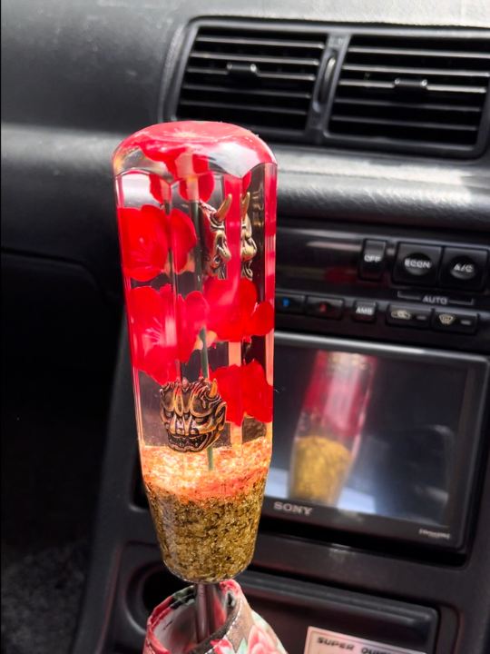 Gold oni masks, red flowers and a gold flake base Custom Shift