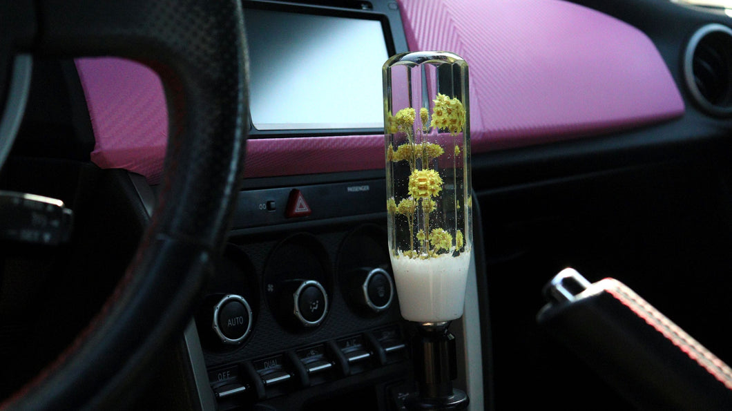 Handmade Resin Shift Knob with a white base and REAL yellow flowers Custom Shift