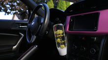 Load image into Gallery viewer, Handmade Resin Shift Knob with a white base and REAL yellow flowers Custom Shift
