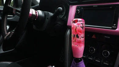 hex shift knob with pink flowers and a glittery pink base Custom Shift