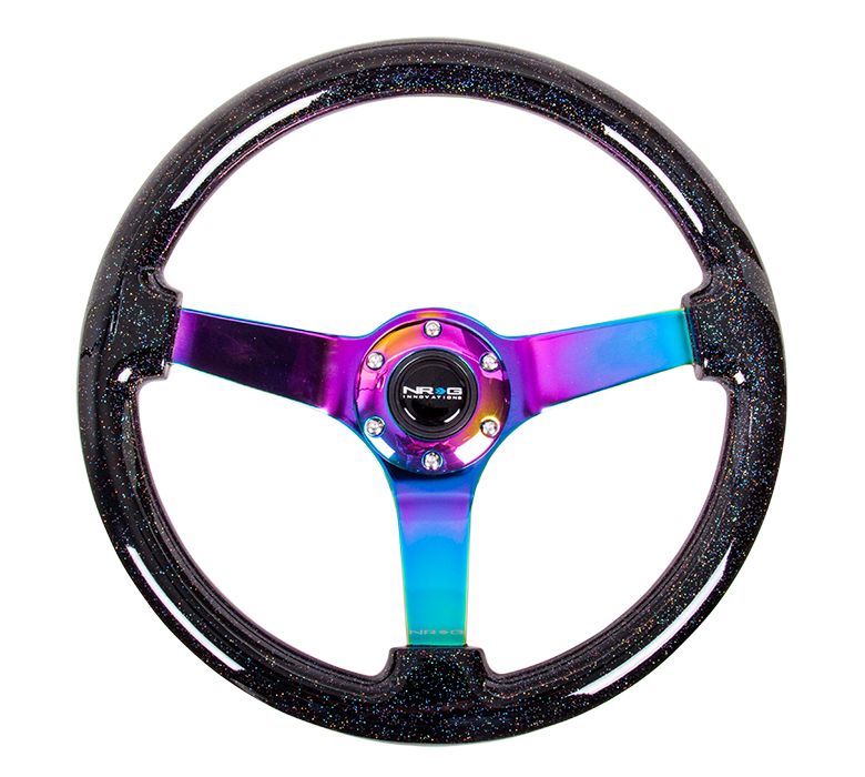 NRG- Reinforced Steering Wheel with Neo Chrome Spokes and a Black Sparkle Grip
