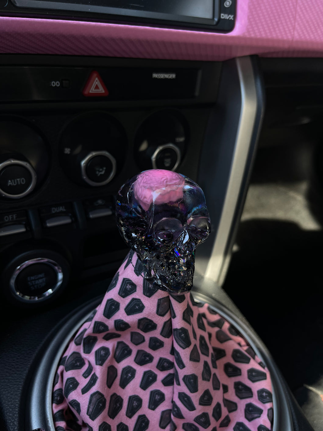 Skull shift knob with pink brain and glitter base Custom Shift